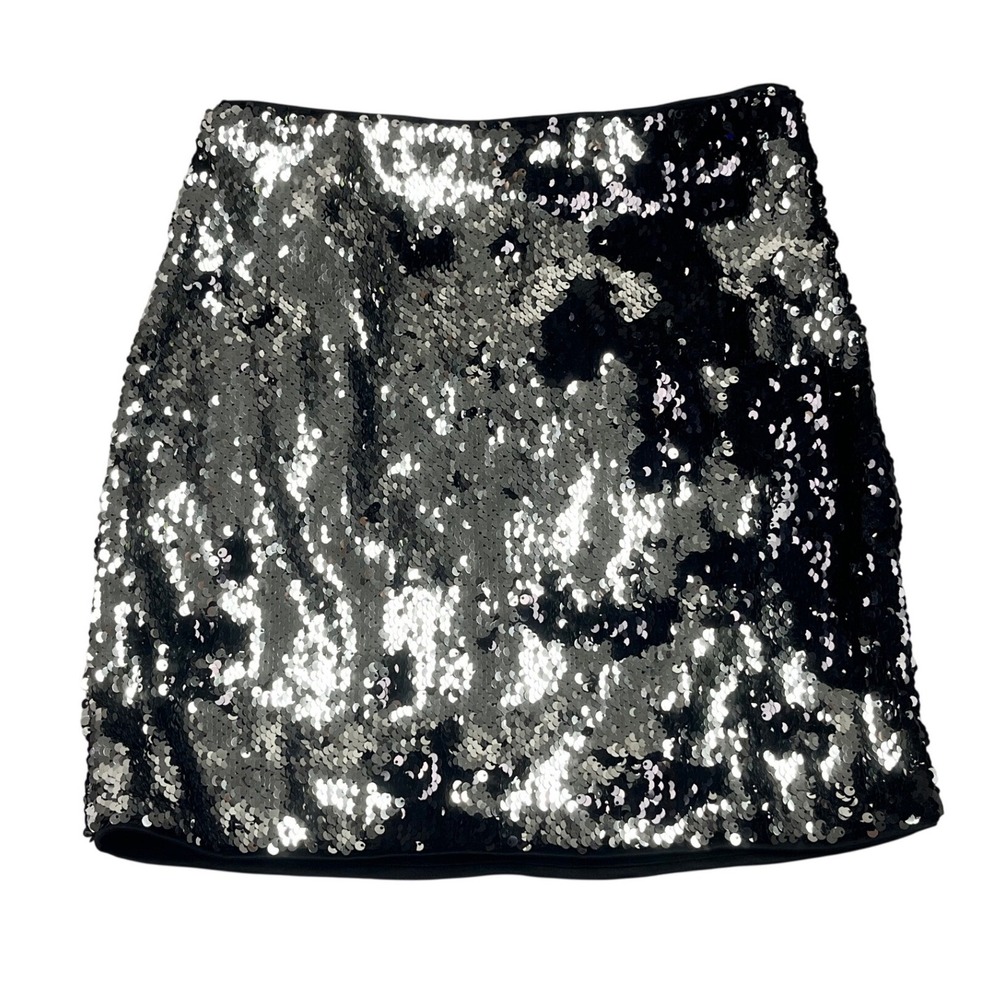 Forever 21 Womens Silver Black Sequin Mini Skirt Side Zip Party Size Small